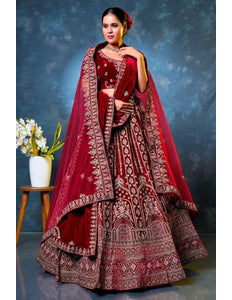 Maroon Velvet Designer Bridal Lehenga Choli with Double Dupatta- Gajiwala