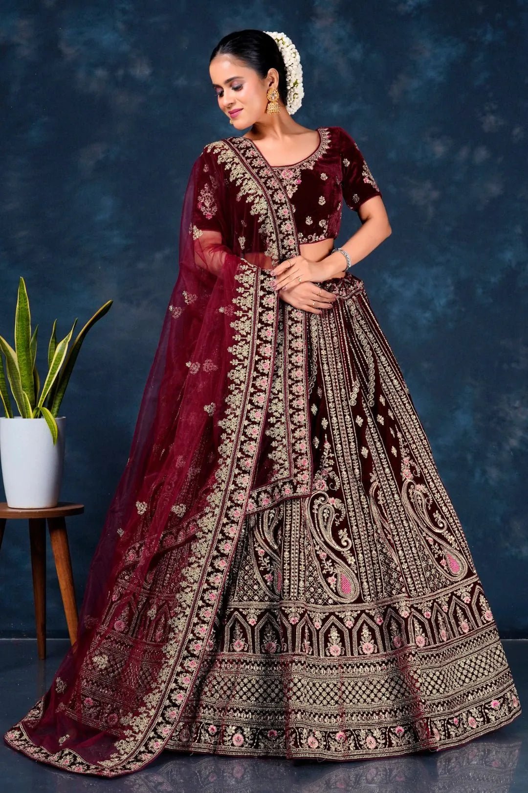 Maroon Velvet Heavy Bridal Lehenga Choli For Wedding - Gajiwala
