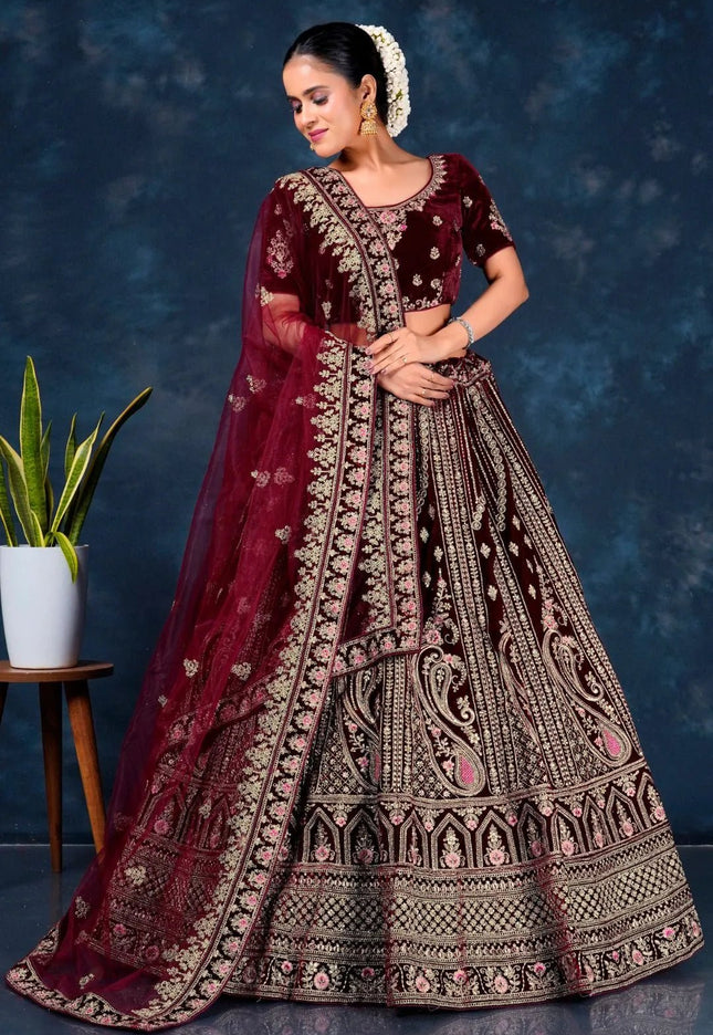 Maroon Velvet Heavy Bridal Lehenga Choli For Wedding - Gajiwala