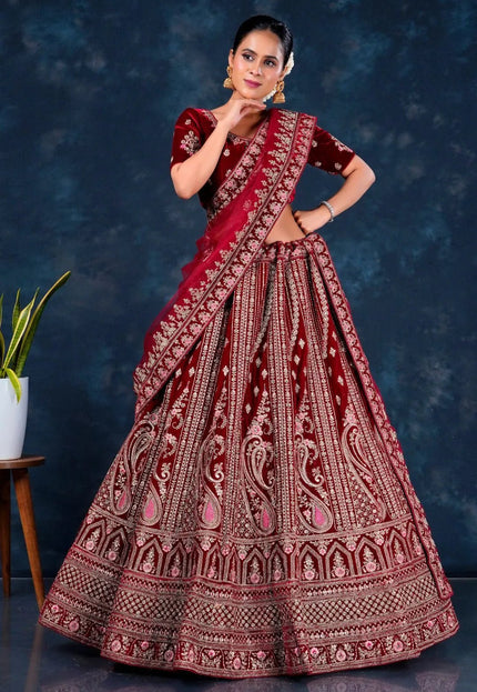 Maroon Velvet Heavy Bridal Lehenga Choli For Wedding - Gajiwala