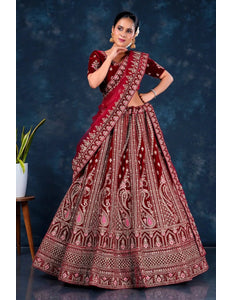 Maroon Velvet Heavy Bridal Lehenga Choli For Wedding - Gajiwala