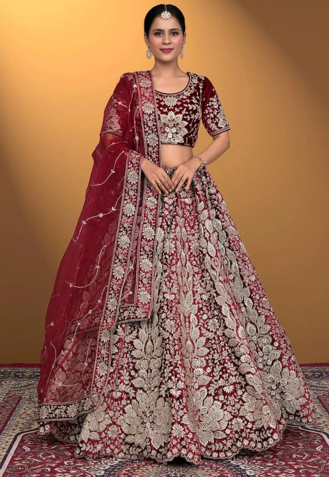Maroon Velvet Lehenga Choli With Net Dupatta For Women - Gajiwala