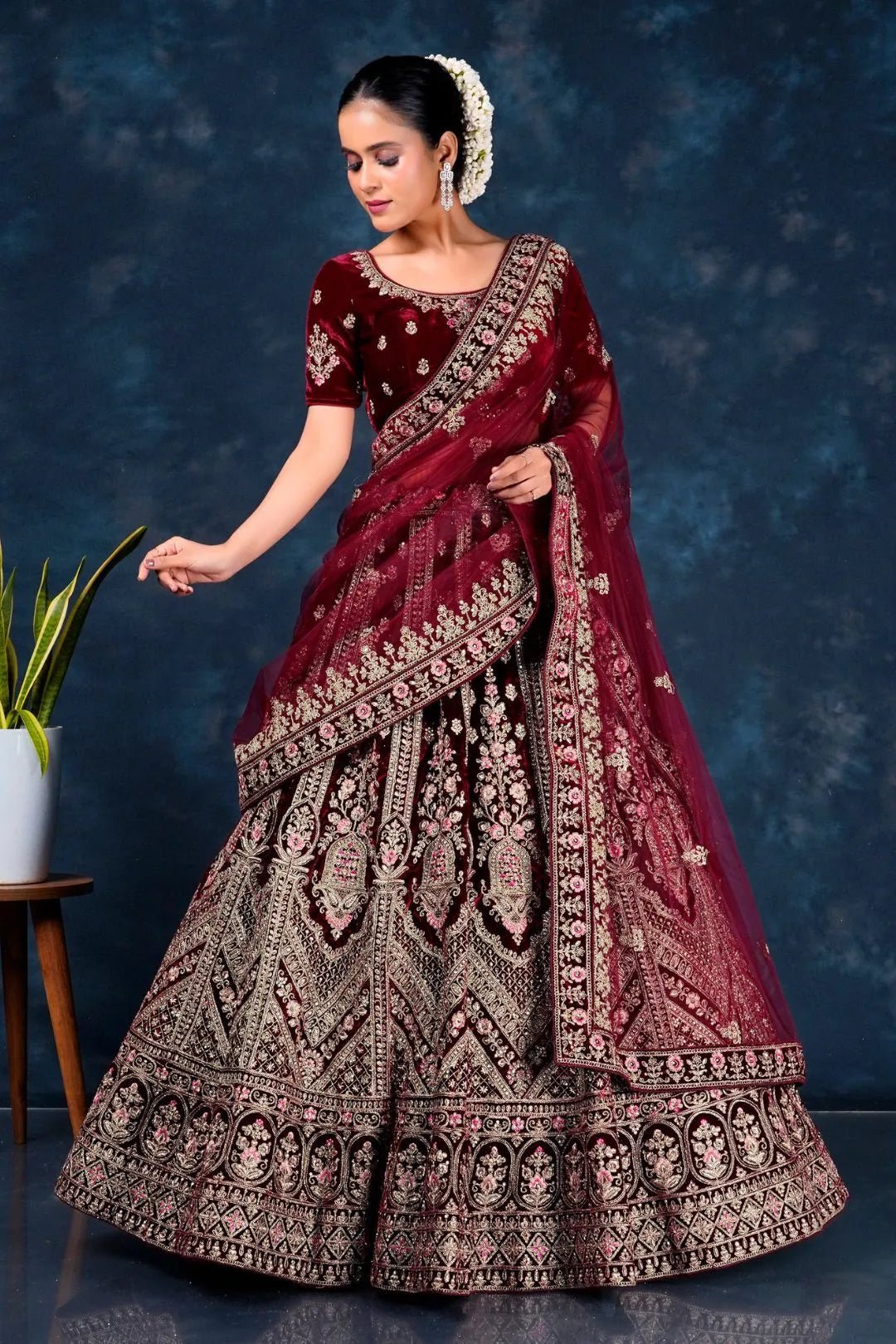 Maroon Wedding Lehenga for Bride in Velvet - Gajiwala