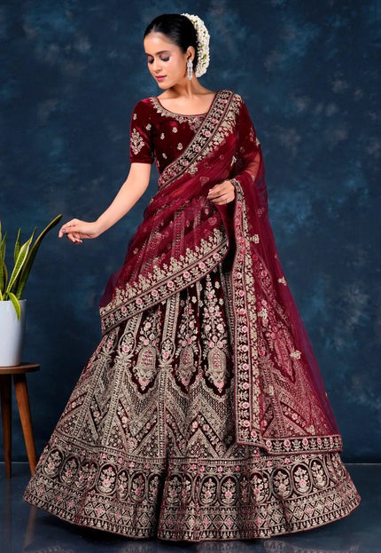Maroon Wedding Lehenga for Bride in Velvet - Gajiwala