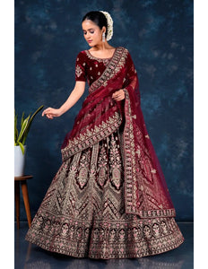Maroon Wedding Lehenga for Bride in Velvet - Gajiwala