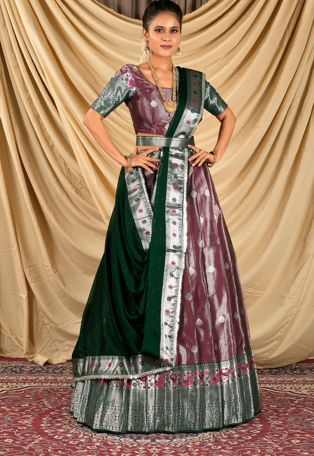 Maroon Zari Banarasi Silk Half Saree For Women - Gajiwala