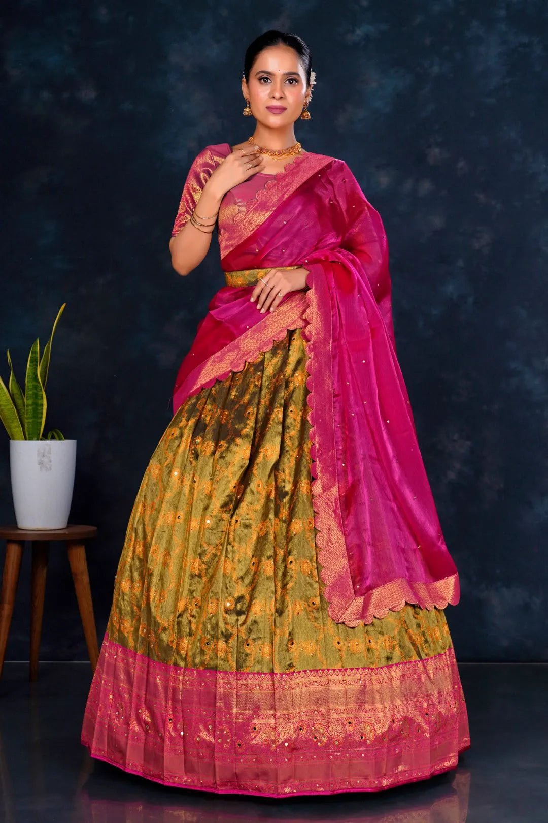 Mehendi Banarasi Designer Half Saree For Women - Gajiwala