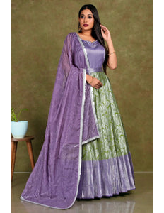 Mehendi Banarasi Long Gown With Dupatta - Gajiwala