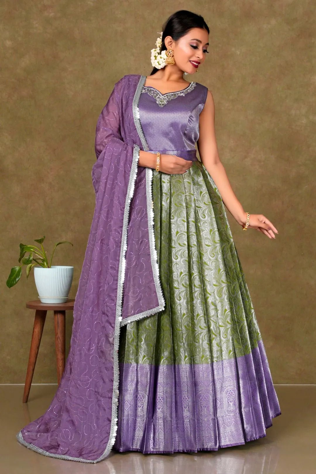 Mehendi Banarasi Long Gown With Dupatta For Women - Gajiwala