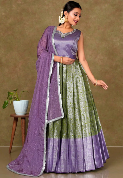 Mehendi Banarasi Long Gown With Dupatta For Women - Gajiwala