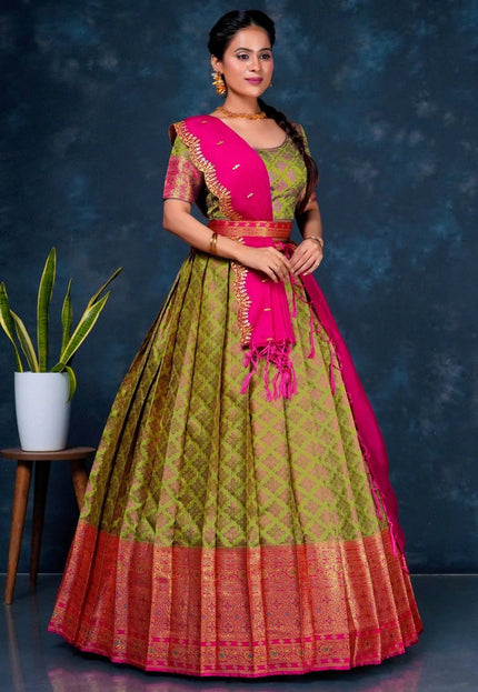 Mehendi Banarasi Silk Lehenga Choli For Women - Gajiwala
