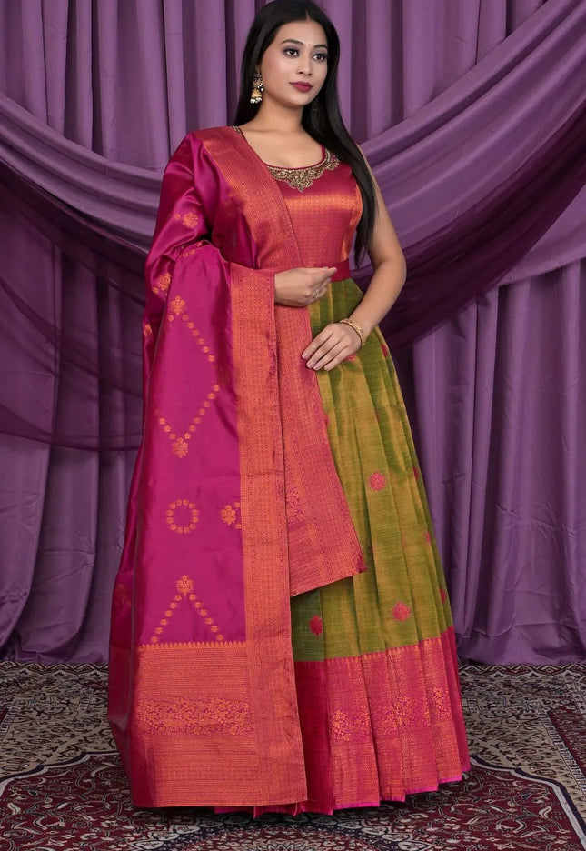 Mehendi Designer Banarasi Gown With Dupatta - Gajiwala