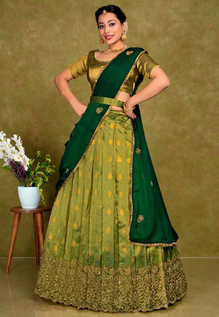 Mehendi Designer Lehenga Choli in Tissue Silk For Women - Gajiwala