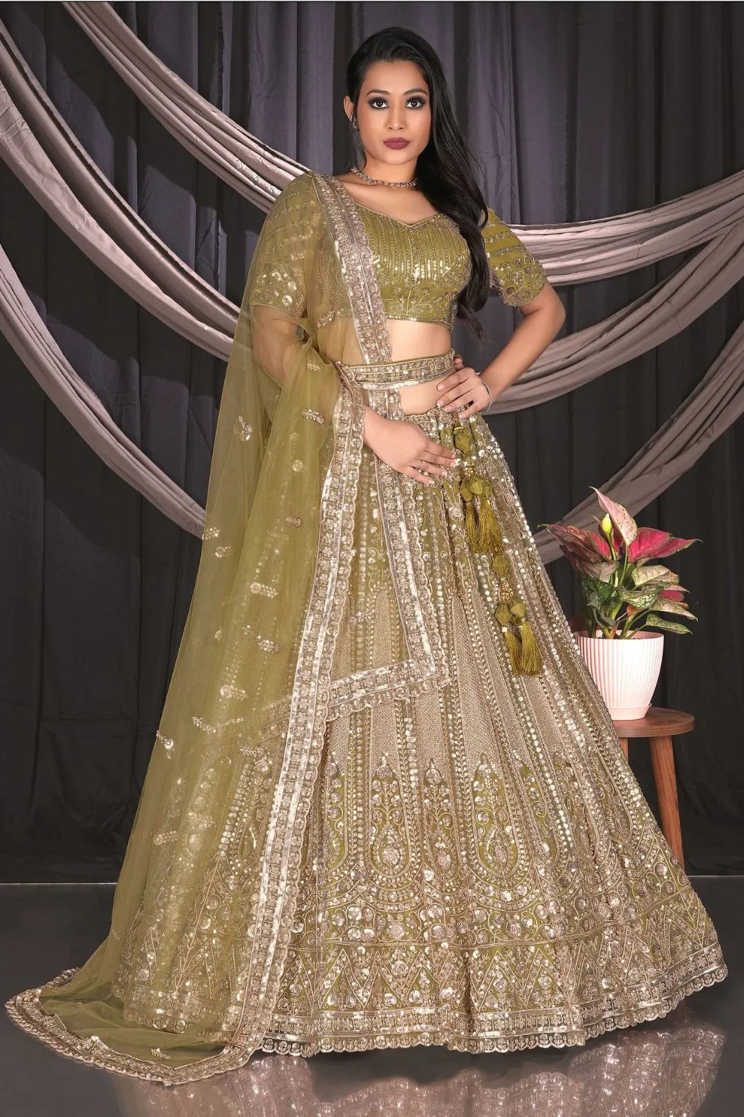 Mehendi Embroidered Net Chaniya Choli For Women - Gajiwala