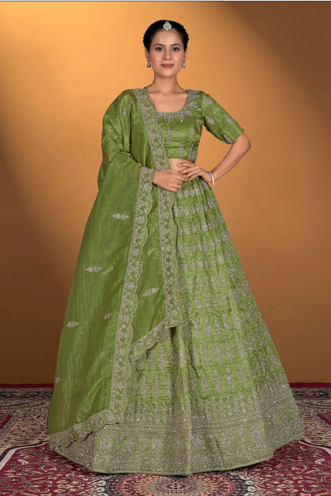 Mehendi Gold Crush Embroidery Lehenga Choli For Women - Gajiwala