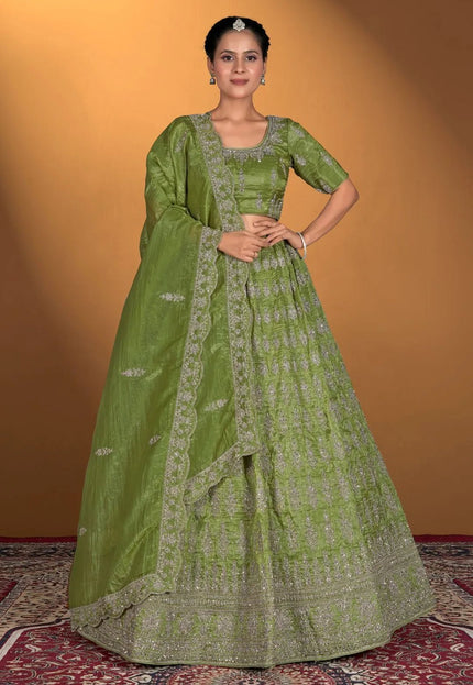 Mehendi Gold Crush Embroidery Lehenga Choli For Women - Gajiwala