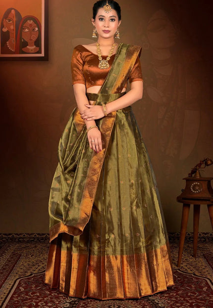 Mehendi Tissue Silk Zari Work Lehenga Choli For Women - Gajiwala