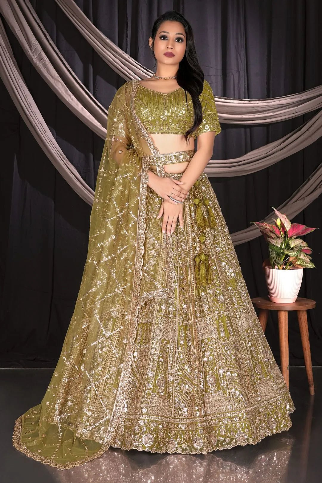 Mehendi Traditional Net Lehenga Choli With Dupatta - Gajiwala