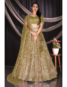 Mehendi Traditional Net Lehenga Choli With Dupatta - Gajiwala