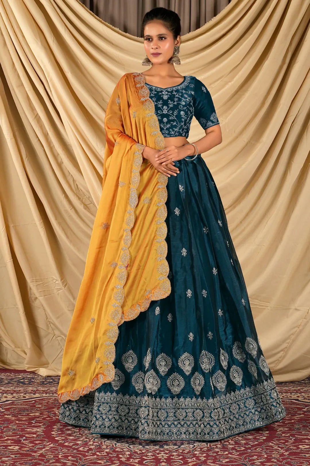 Morpich Barbery Silk Lehenga Choli With Rangoli Dupatta - Gajiwala