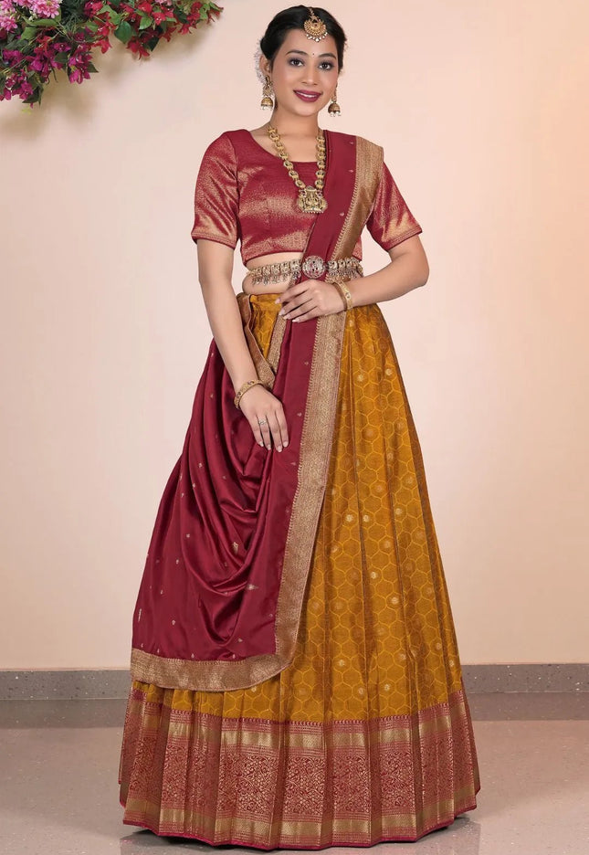 Mustard Banarasi Pattu Pavadai For Women - Gajiwala