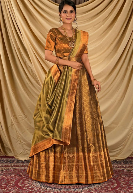 Mustard Pure Two Tone Zari Tissue Lehenga Choli For Women - Gajiwala