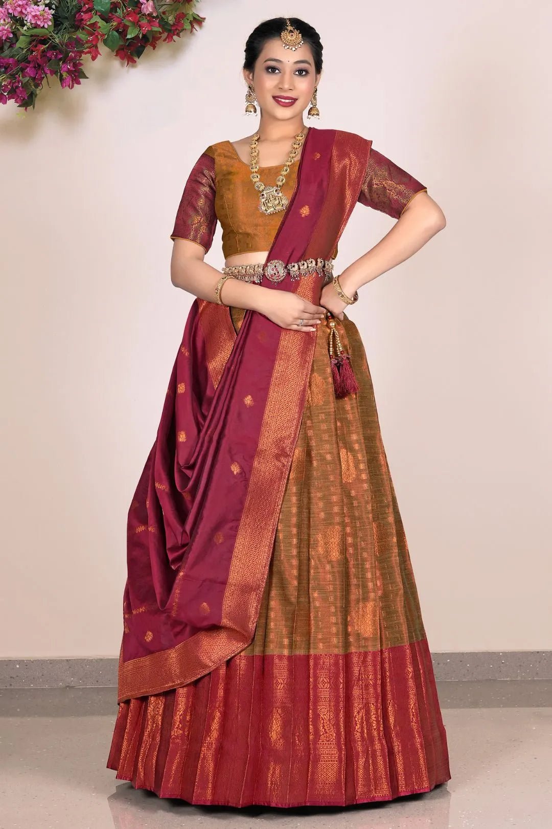 Musterd Banarasi Silk Half Saree Lehenga For Women - Gajiwala