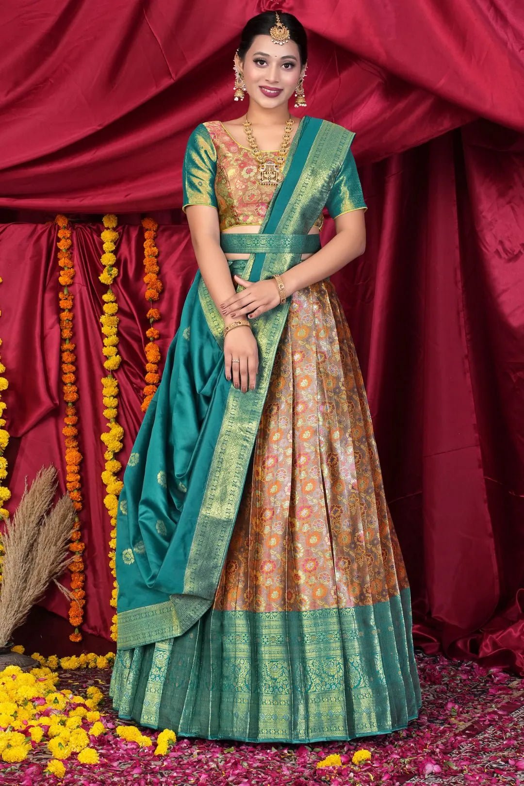 Musterd Banarasi Silk Half Saree With Zari Weaving - Gajiwala