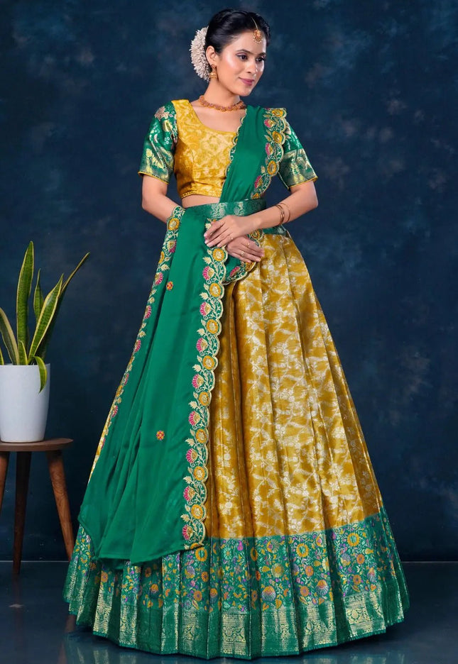 Musterd Banarasi Silk Pattu Half Saree With Zari Work - Gajiwala