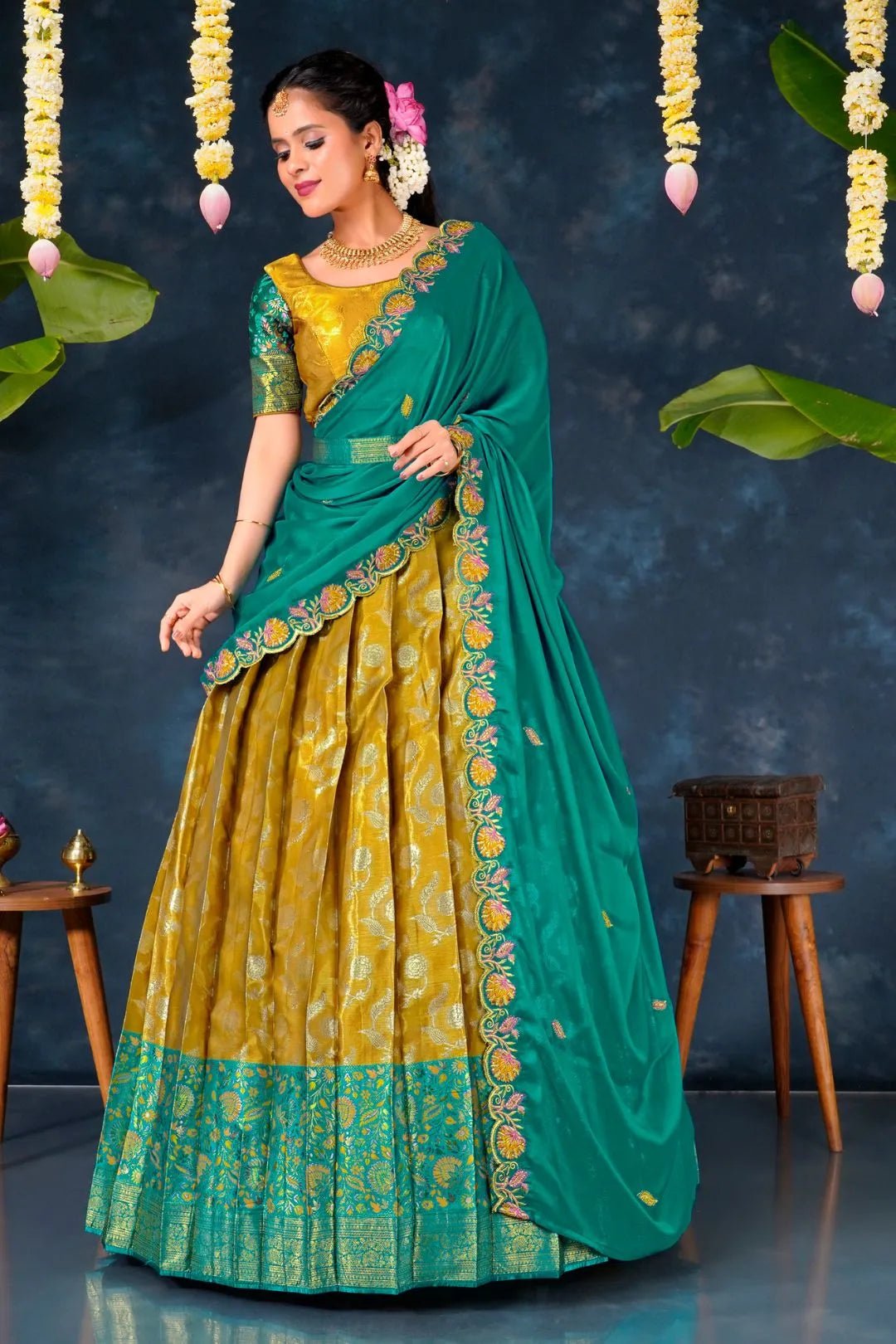 Musterd Banarasi Silk Pattu Half Saree With Zari Work - Gajiwala