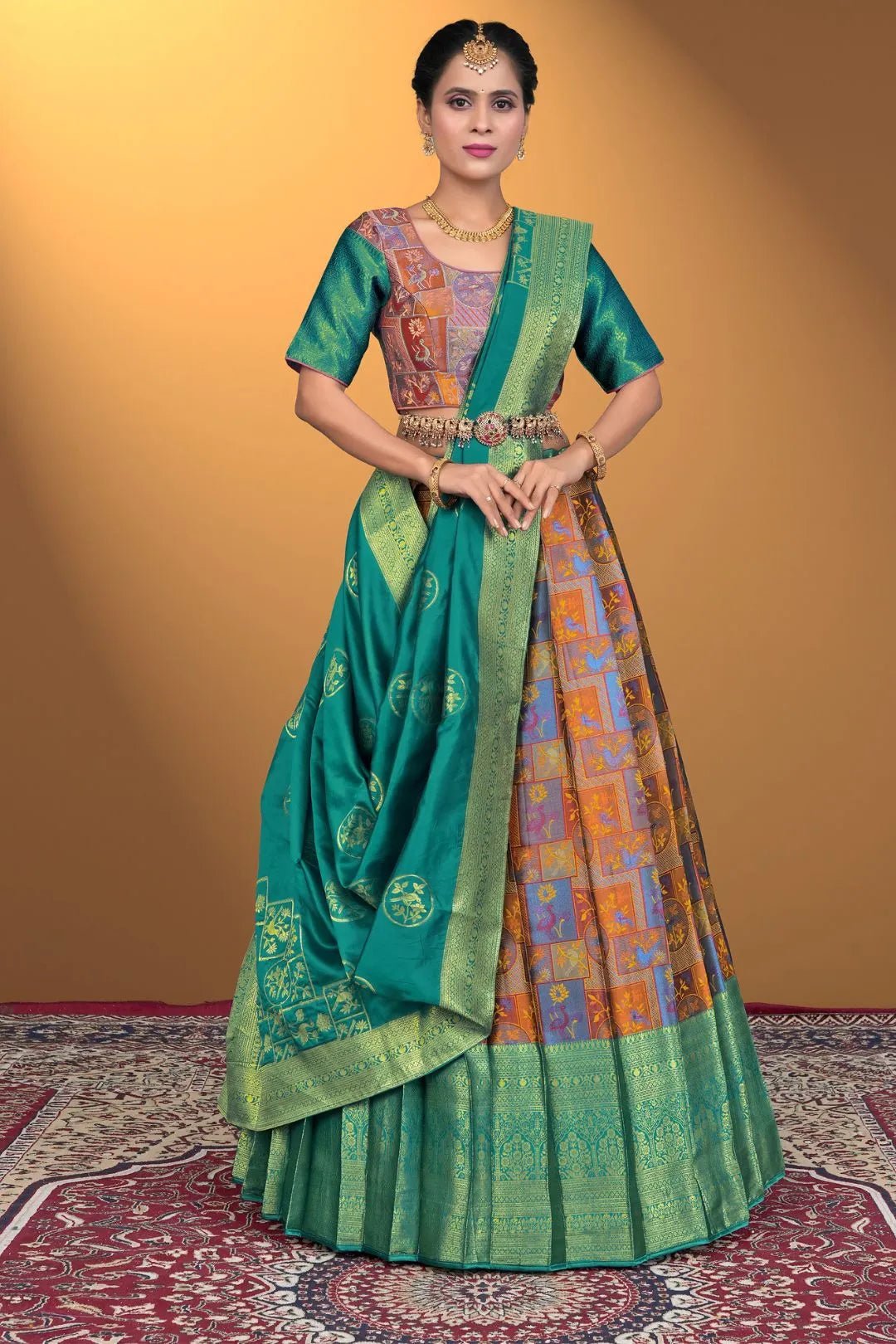 Musterd Jacquard Fabric Half Saree With Digital Print - Gajiwala