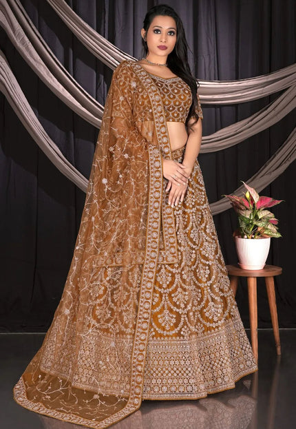 Musterd Net Semi Stitch Embroidered Lehenga Choli For Women - Gajiwala