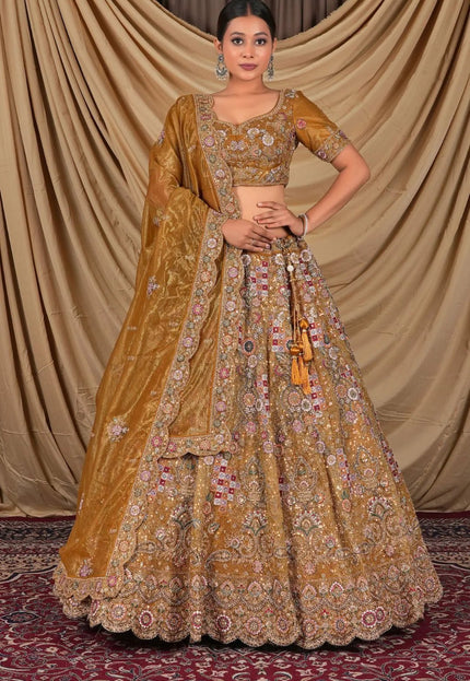 Musterd Party Wear Embroidered Twill Net Lehenga Choli For Women - Gajiwala