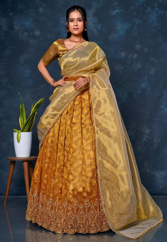 Musterd Tissue Silk Lehenga Choli With Zari Woven - Gajiwala