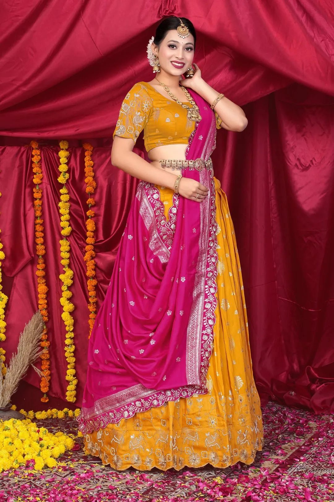 Musterd Viscose Jacquard Pattu Lehenga Choli With Zari Work - Gajiwala