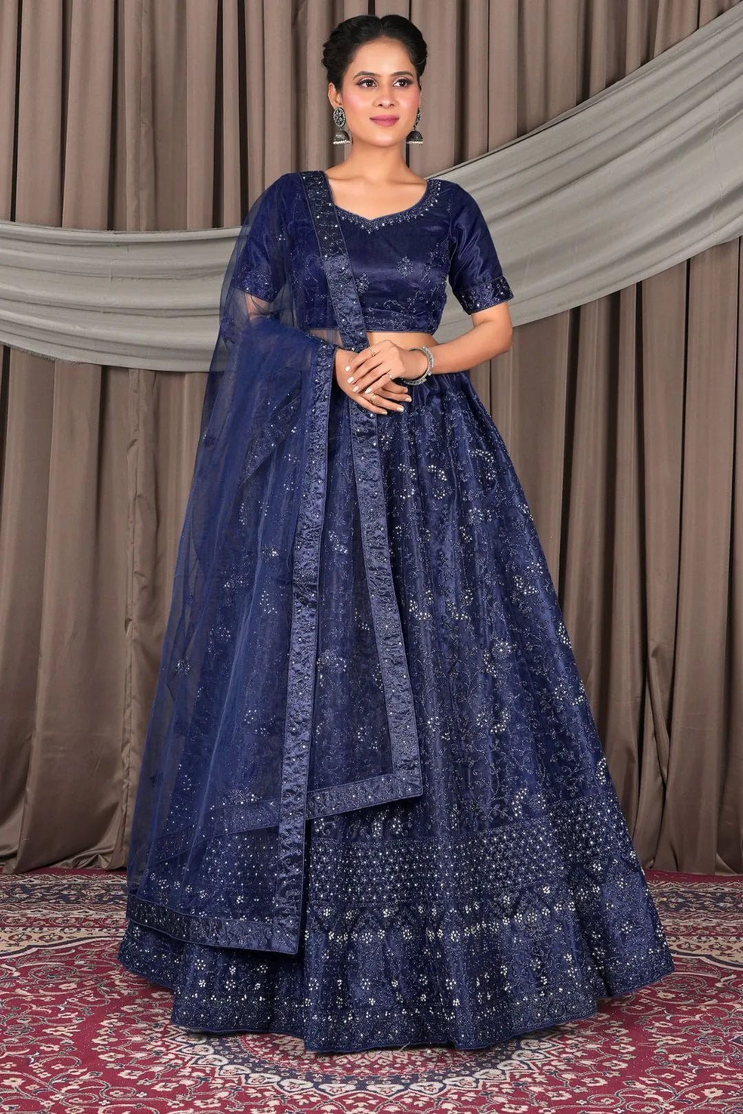 Navy Blue Party Wear Net Lehenga Choli For Women - Gajiwala