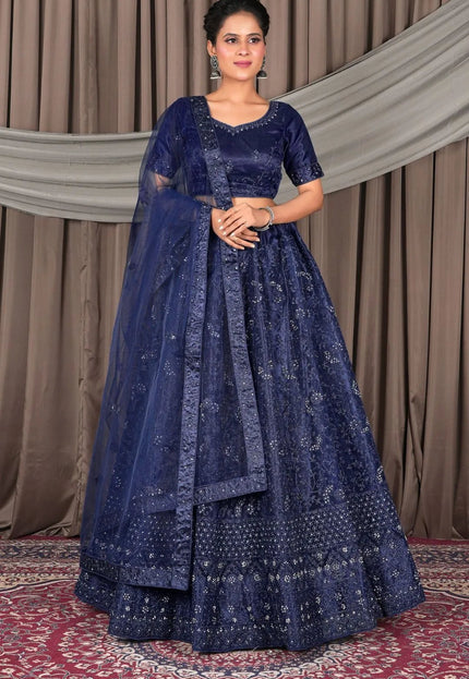 Navy Blue Party Wear Net Lehenga Choli For Women - Gajiwala