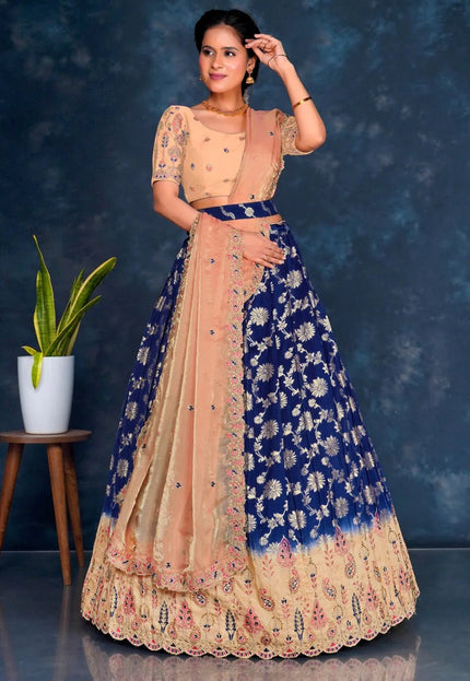 Navy Blue Viscos Muslin Lehenga With Peach Dupatta - Gajiwala