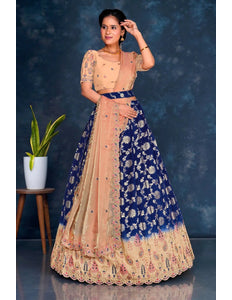 Navy Blue Viscos Muslin Lehenga With Peach Dupatta - Gajiwala