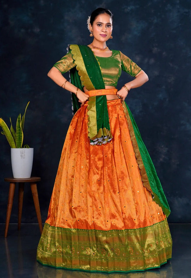 Orange Banarasi Designer Half Saree For Women - Gajiwala