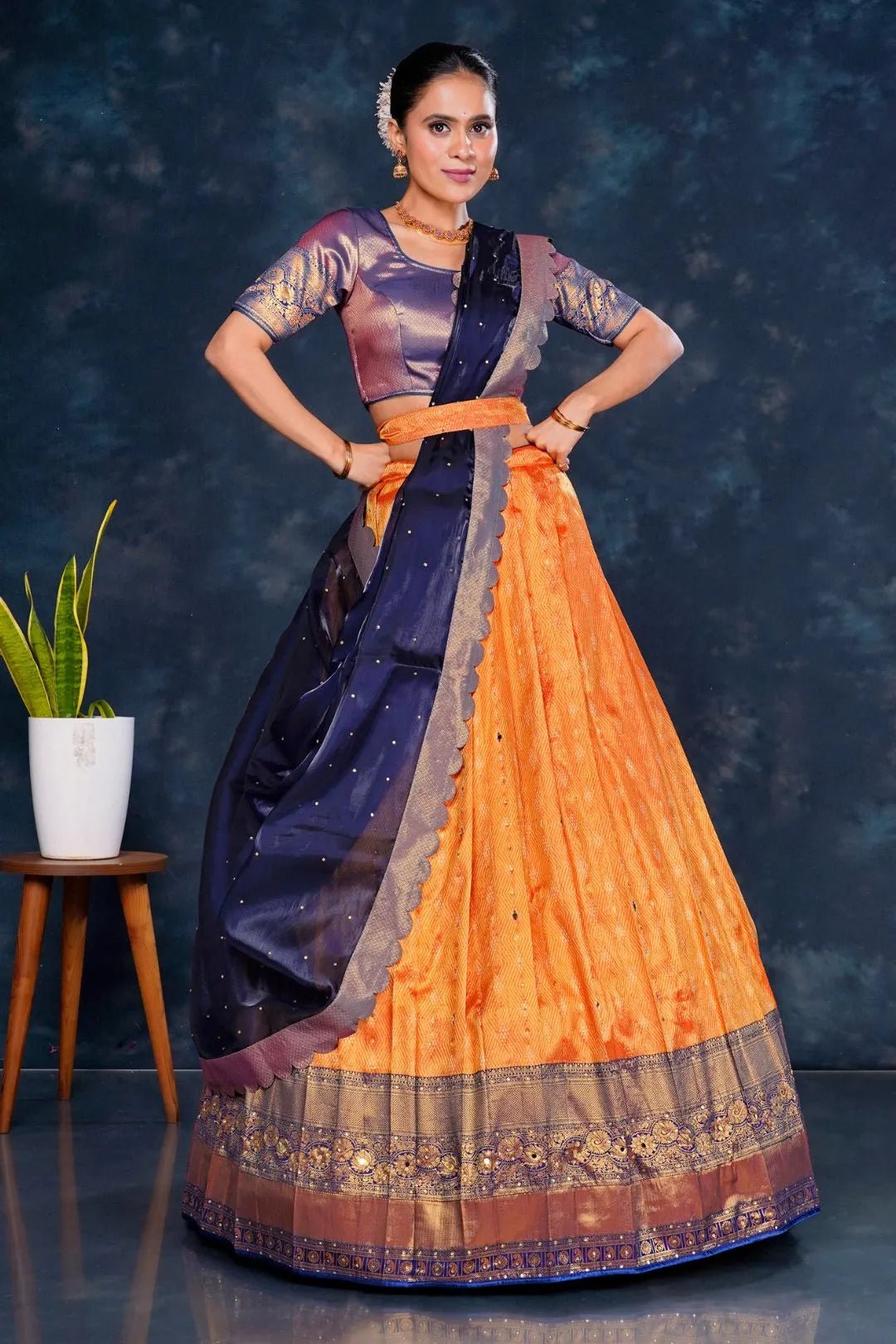 Orange Banarasi Designer Half Saree For Women - Gajiwala