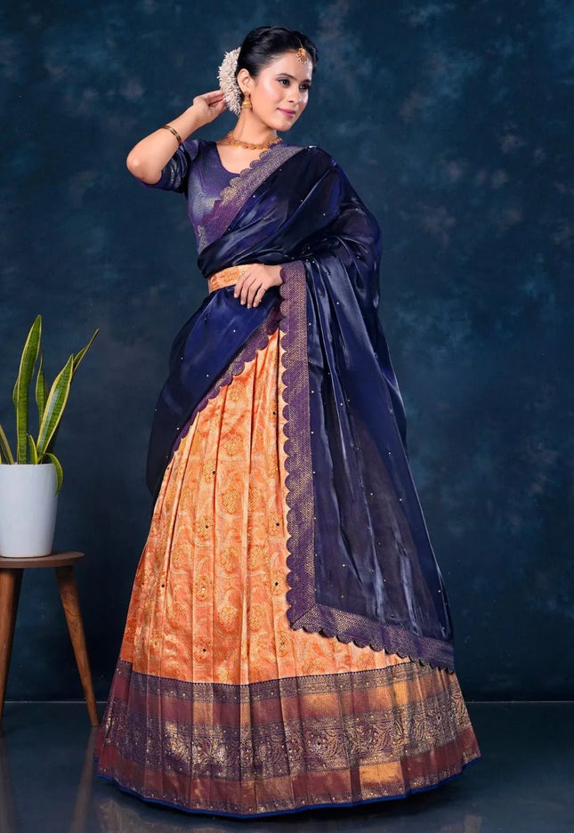 Orange Banarasi Silk Half Saree For Women - Gajiwala
