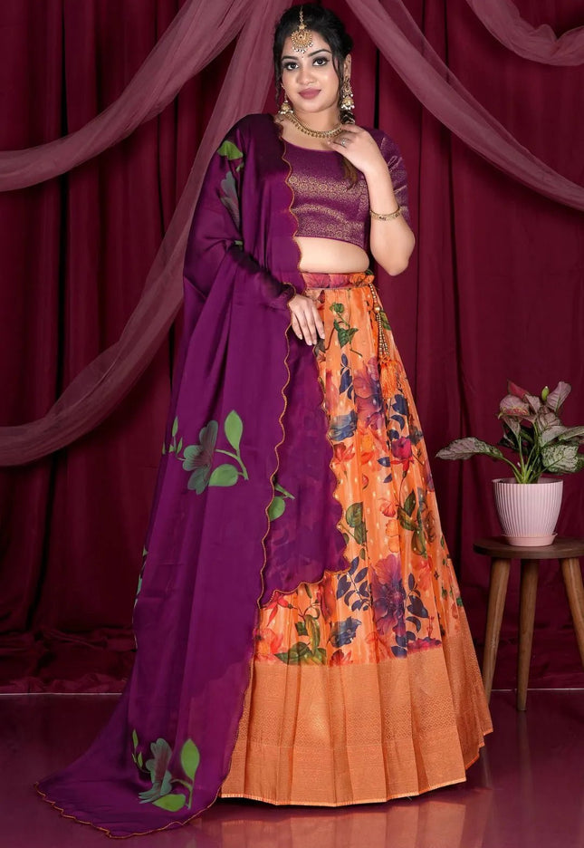 Orange Designer Printed Lehenga Choli In Viscose - Gajiwala