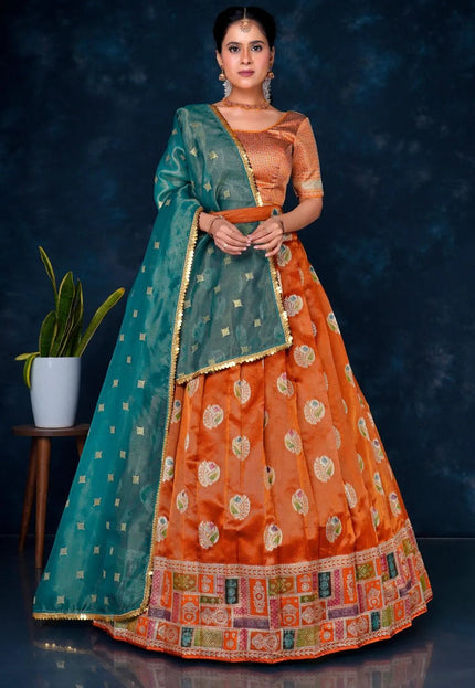 Orange Digital Print Banarasi Half Saree Set For Women - Gajiwala