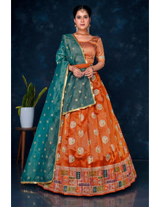 Orange Digital Print Banarasi Half Saree Set For Women - Gajiwala