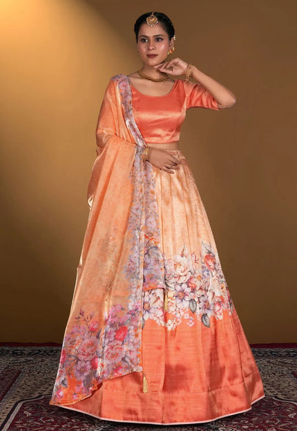 Orange Digital Printed Satin Lehenga With Chinnon Dupatta - Gajiwala
