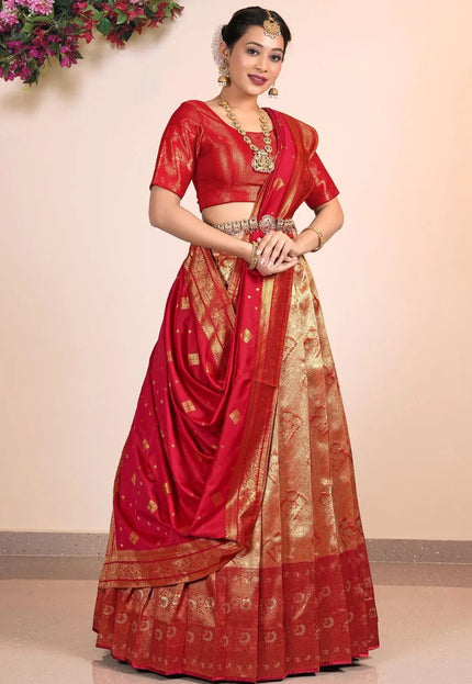 Orange Red Banarasi Silk Lehenga Choli Design - Gajiwala