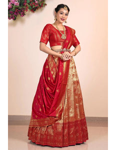 Orange Red Banarasi Silk Lehenga Choli Design - Gajiwala