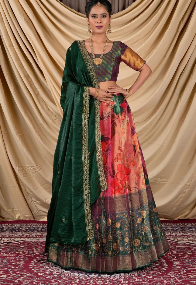 Orange Tissue With Digital Print Lehenga Choli For Women - Gajiwala