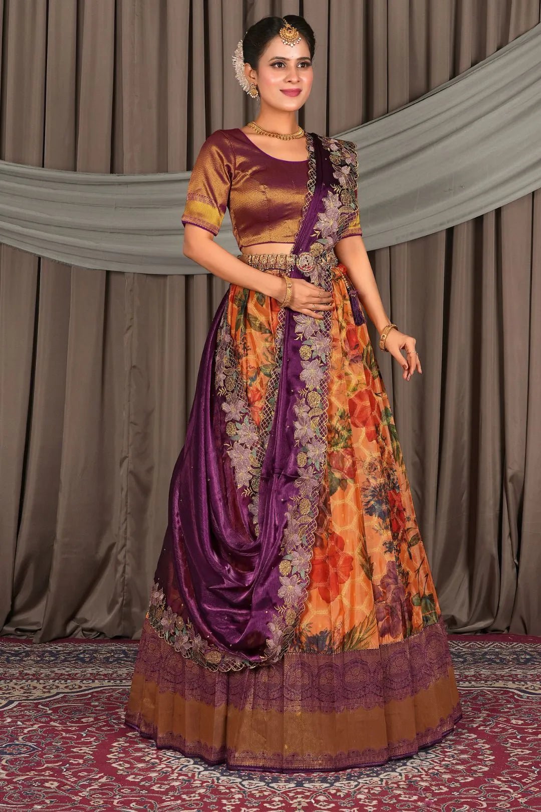 Orange Viscose Digital Print Lehenga Choli For Women - Gajiwala